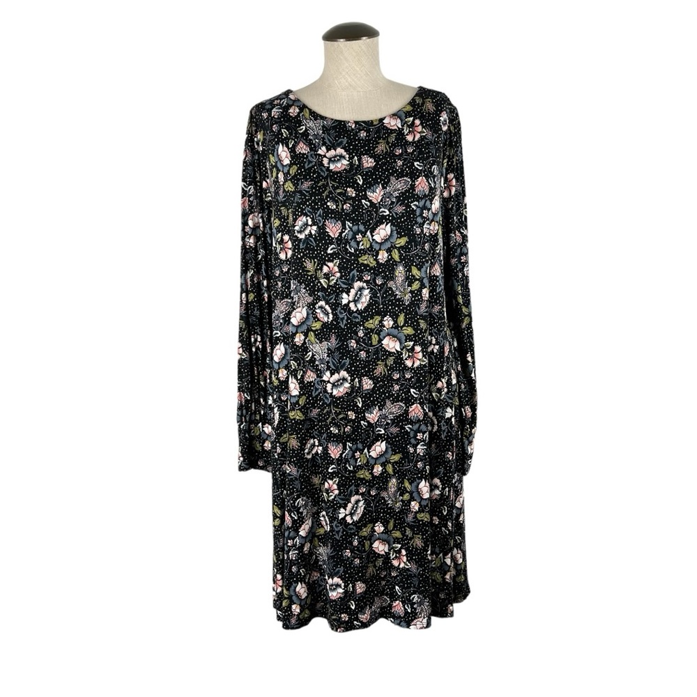 LOFT Womens Meadow Floral Swing Dress L Soft Jersey Knit Black Pink